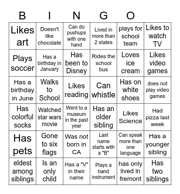 Middle School BINGO: Find someone who... Bingo Card