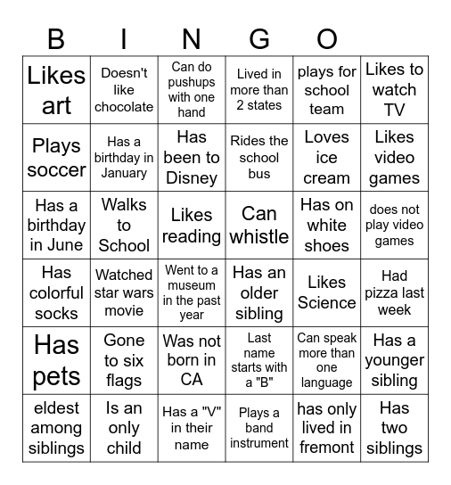 Middle School BINGO: Find someone who... Bingo Card