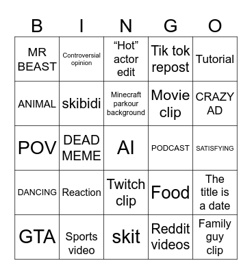 YouTube shorts Bingo Card