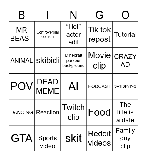 YouTube shorts Bingo Card