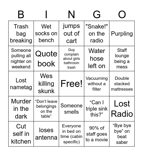 New Summer Staff Bingo Card