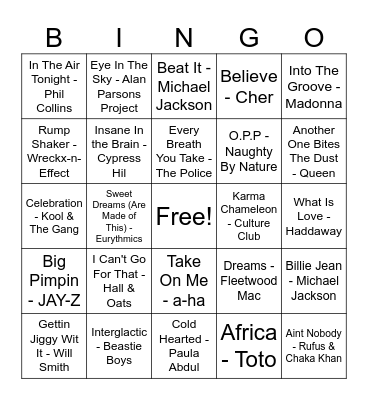 Ultimate 80's & 90's Bingo Card
