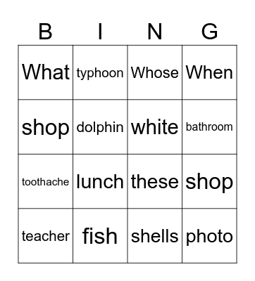 5th grade Unit 4 Phonics Bingo Card