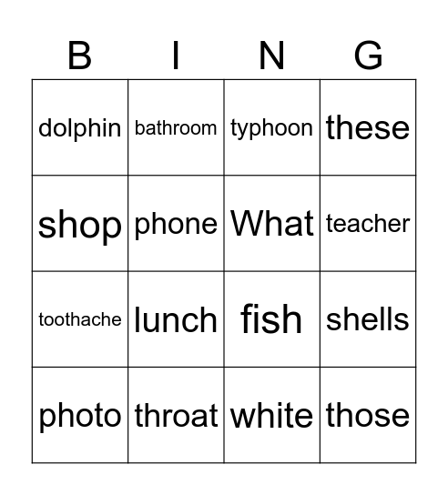 5th grade Unit 4 Phonics Bingo Card