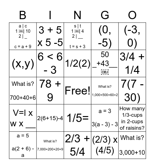 5th Grade MATH Bingo Card