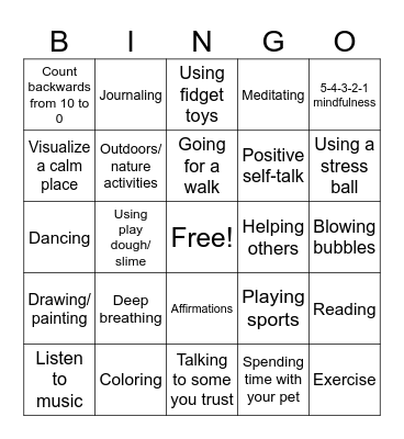 Positive Coping Skills Bingo Card