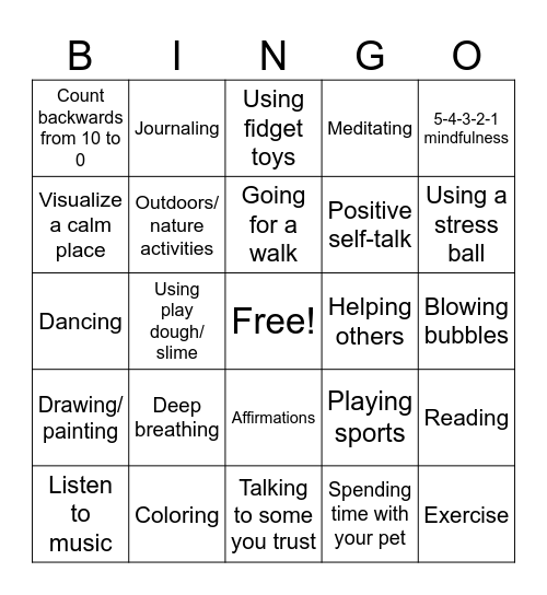 Positive Coping Skills Bingo Card