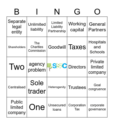 Types of Business Organisations Bingo Card