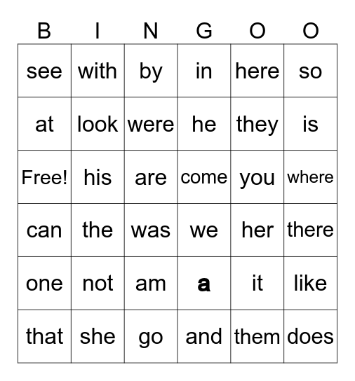 High Frequency Words Bingo Card