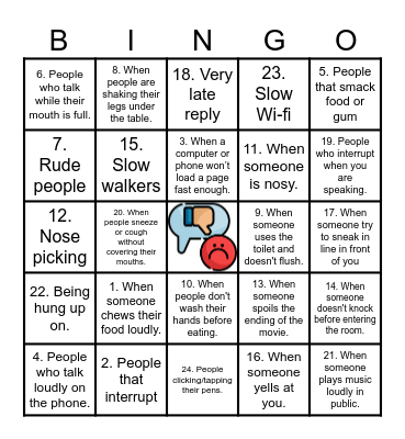 Pet Peeve Bingo Card