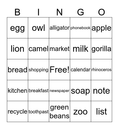 Grocery store+ zoo Bingo Card