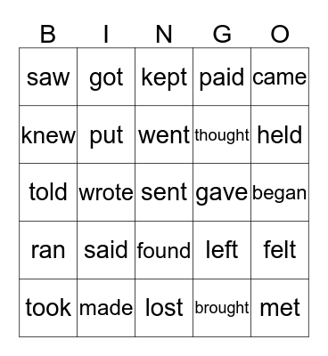 irregular verbs Bingo Card