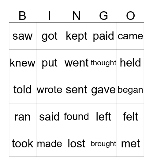 irregular verbs Bingo Card