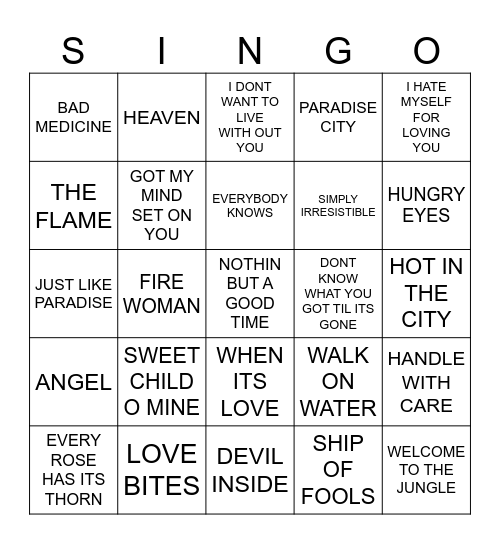 931 ROCK HITS 1988 Bingo Card