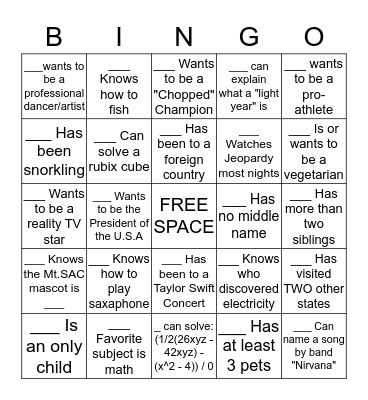 Getting to Know You Bingo Card