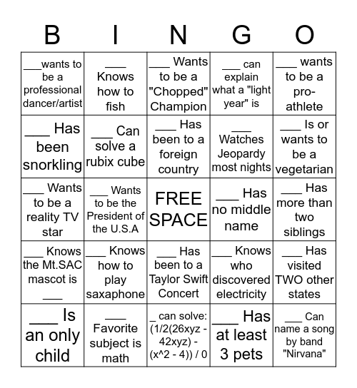 Getting to Know You Bingo Card