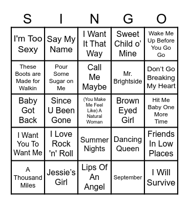KARAOKE SINGO Bingo Card