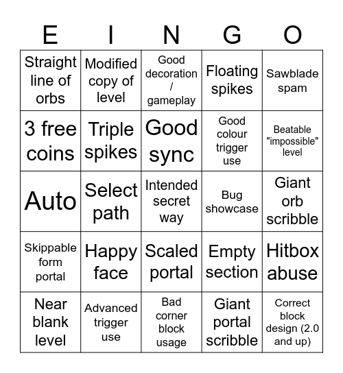 Geometry Dash Recent Level Bingo Card