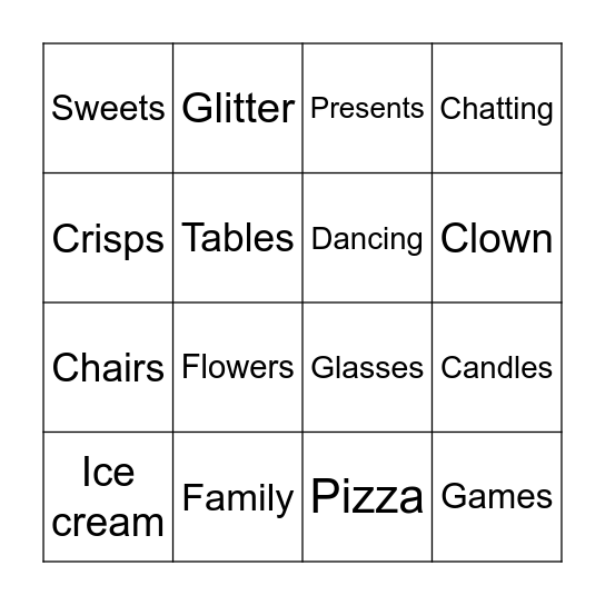 Things you find at a party! Bingo Card