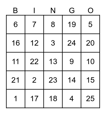 Random Number Bingo Card
