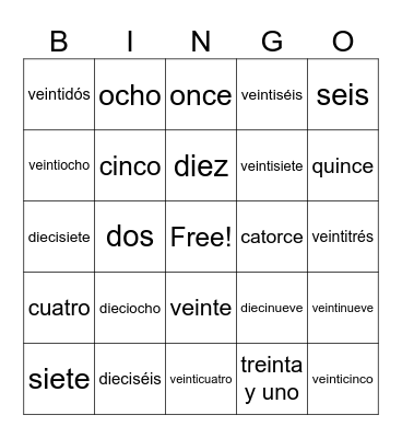 Spanish Numbers 0-30 Bingo Card