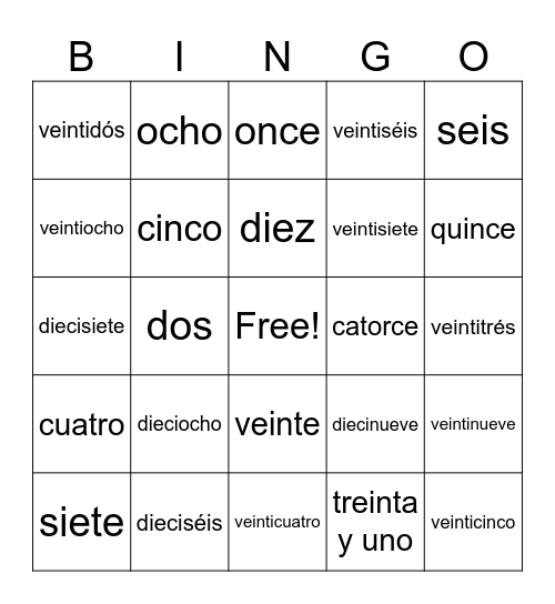 Spanish Numbers 0-30 Bingo Card