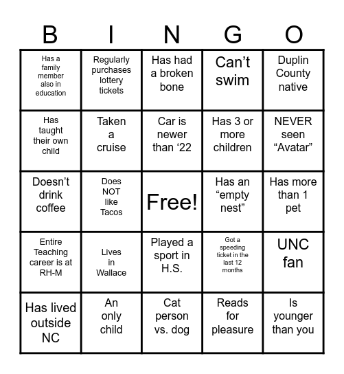 Staff Bingo Card