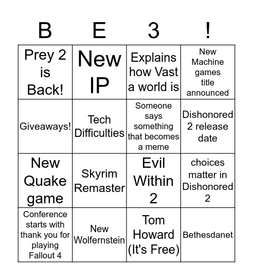 Bethesda E3 2016 Bingo Card