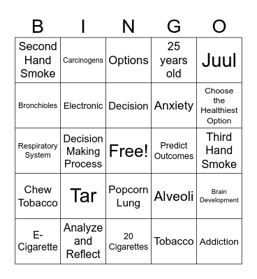 Nicotine Bingo Card