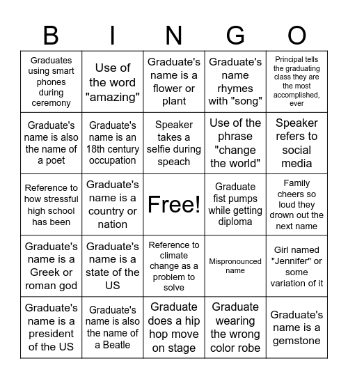 Graduation Bingo Card