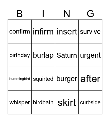 er, ir, ur Bingo Card