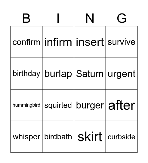 er, ir, ur Bingo Card