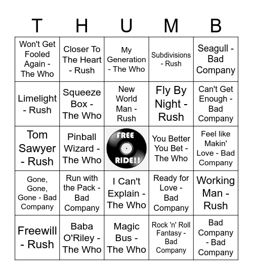 Who / Bad Company / Rush Bingo Card