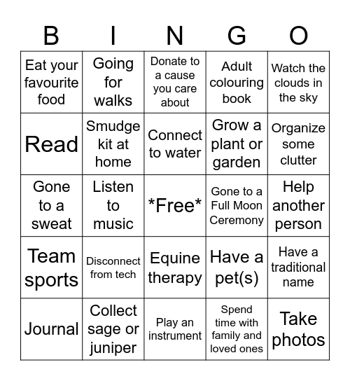 Self Care Bingo Card