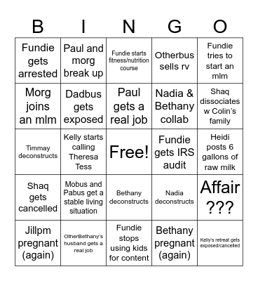 r/FundieSnarkUncensored Bingo Card