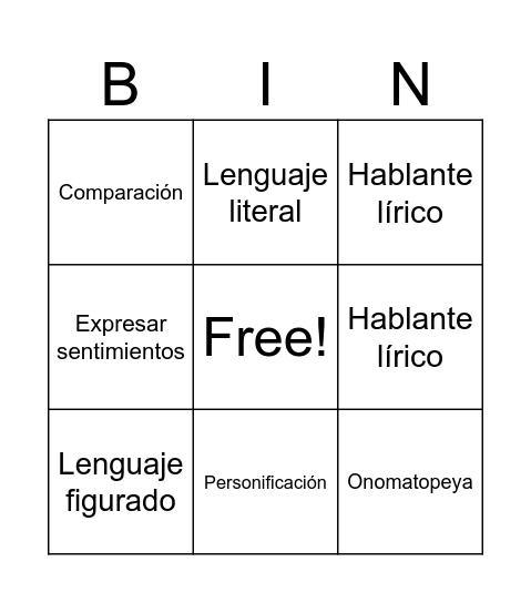 Bingo poemas Bingo Card