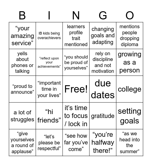 IB PRESENTATION BINGO Card