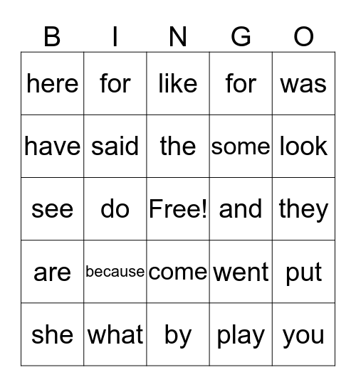 Sight Word Bingo Card