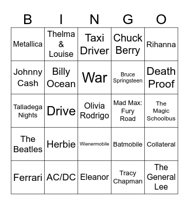 Cars Bingo Card