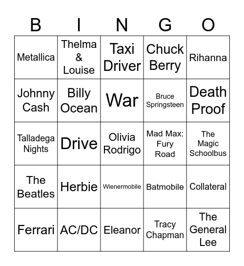 Cars Bingo Card