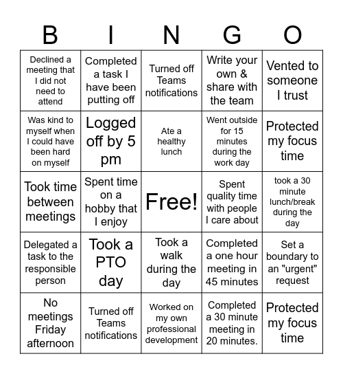 Round One - Team Bingo Card