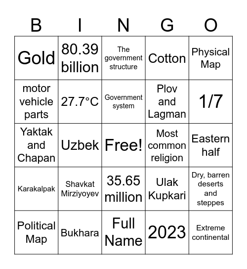 Uzbekistan Bingo Card