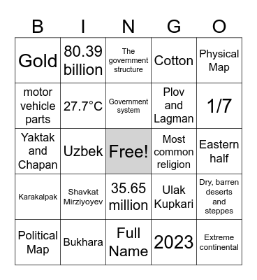 Uzbekistan Bingo Card