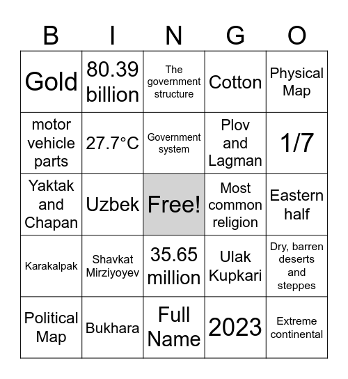 Uzbekistan Bingo Card