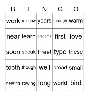 Spelling Words Bingo Card