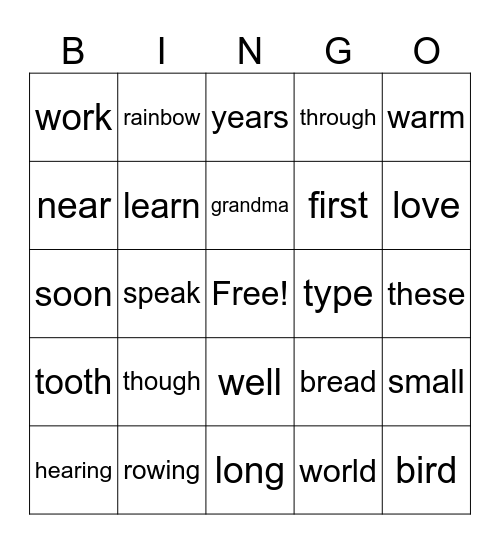 Spelling Words Bingo Card