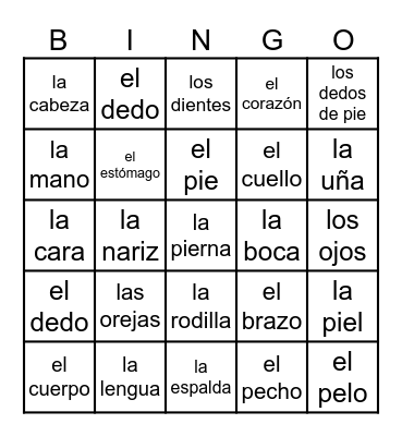 Las Partes del Cuerpo Bingo Card