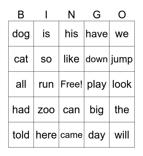 Sight Word Bingo Card