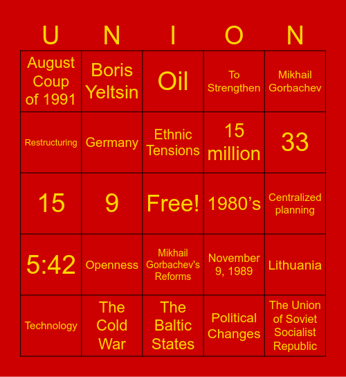 The Collapse of the Soviet Union Bingo Card