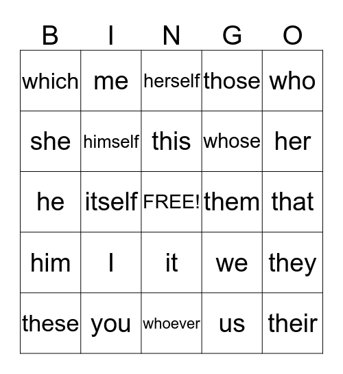 Pronoun Bingo Card